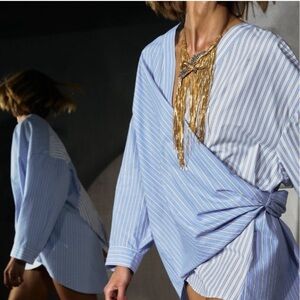 Zara Blue & White Striped Wrap poplin Blouse XS Oversized 100% Cotton ✨